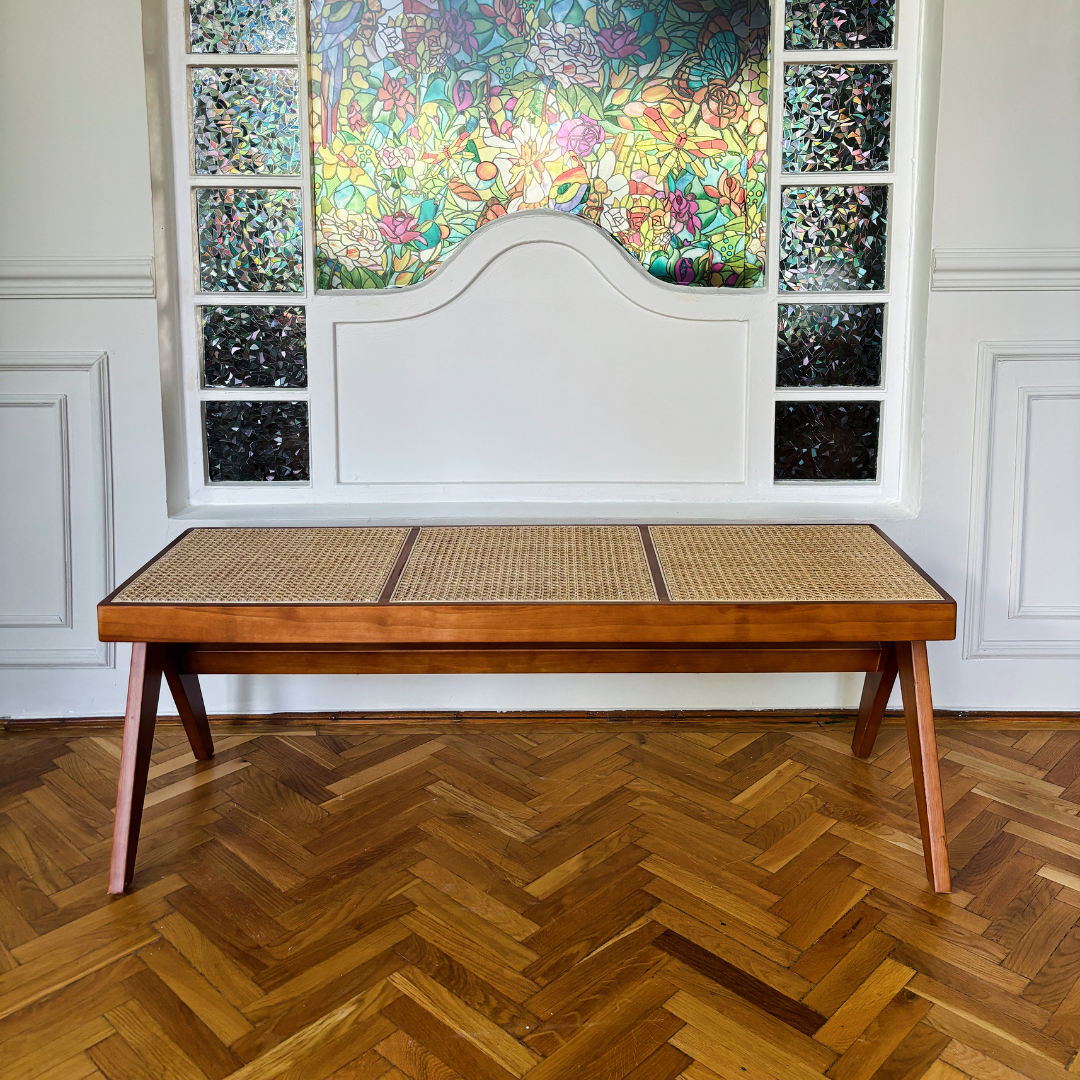 EZRA WOOD AND RATTAN 3-SEATER BENCH