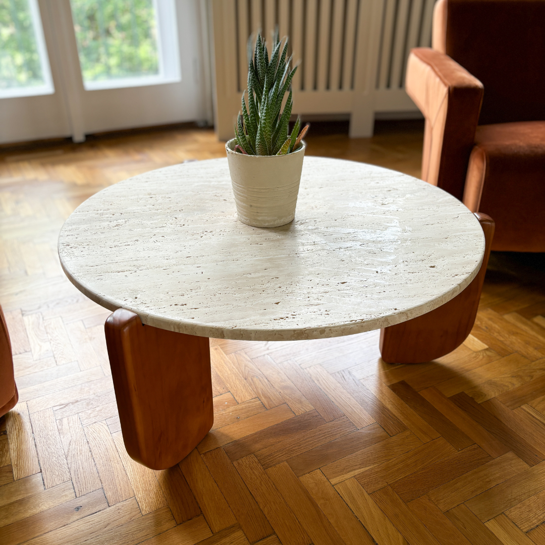 Round Travertine and Wood Coffee Table