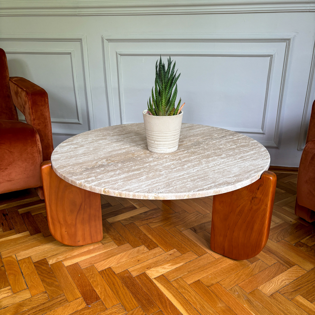 Round Travertine and Wood Coffee Table