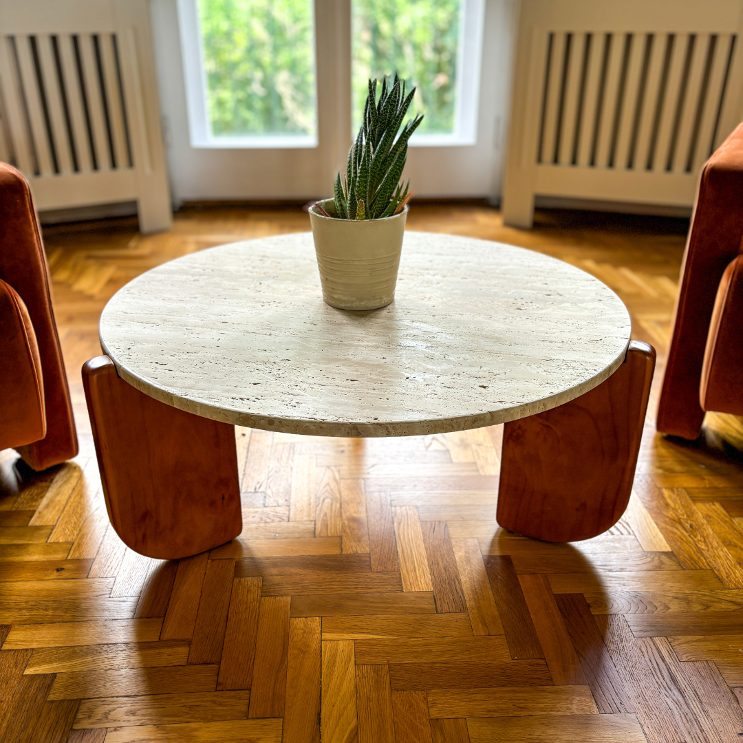 Round Travertine and Wood Coffee Table