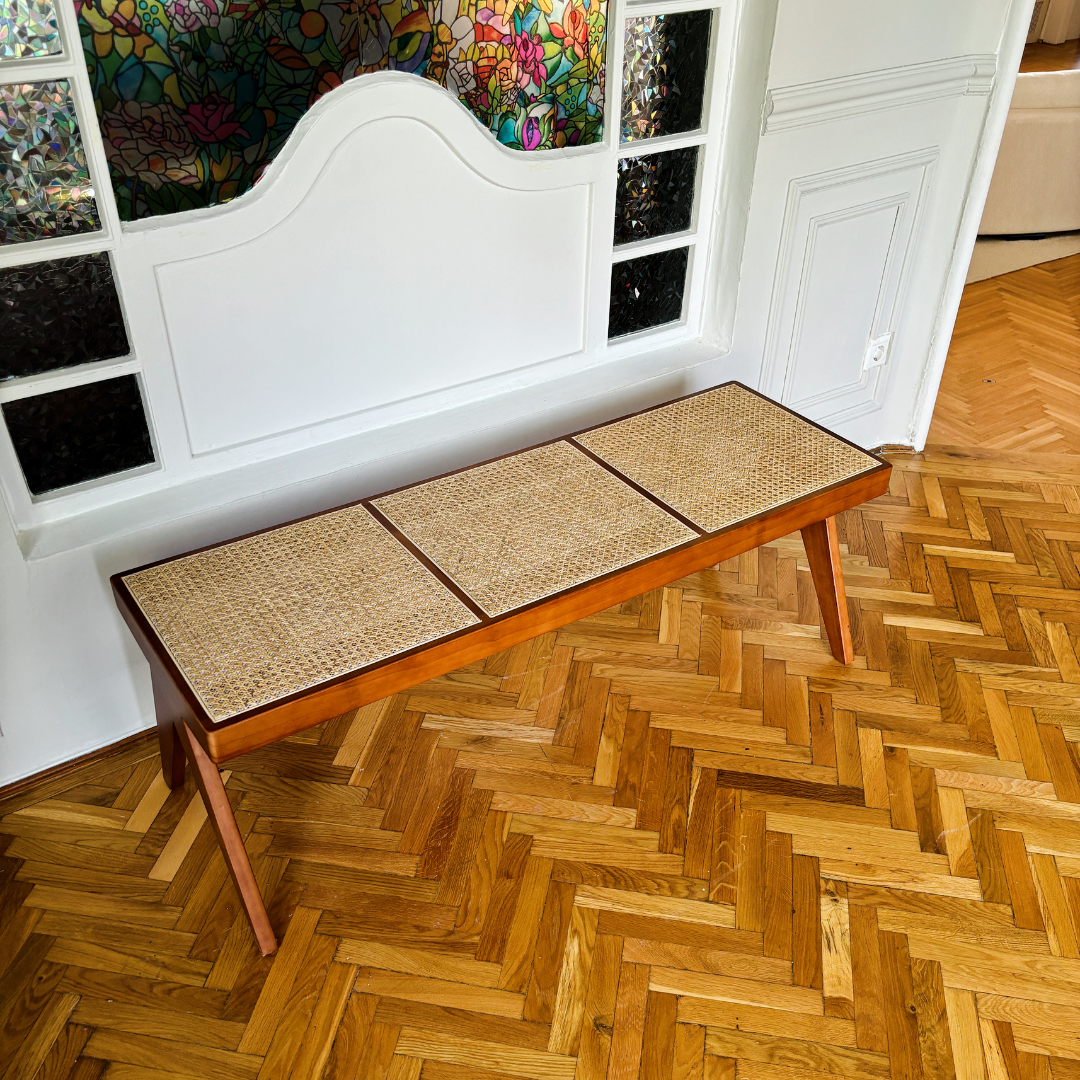 EZRA WOOD AND RATTAN 3-SEATER BENCH