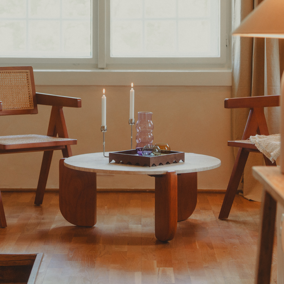 ROUND TRAVERTINE AND WOOD COFFEE TABLE