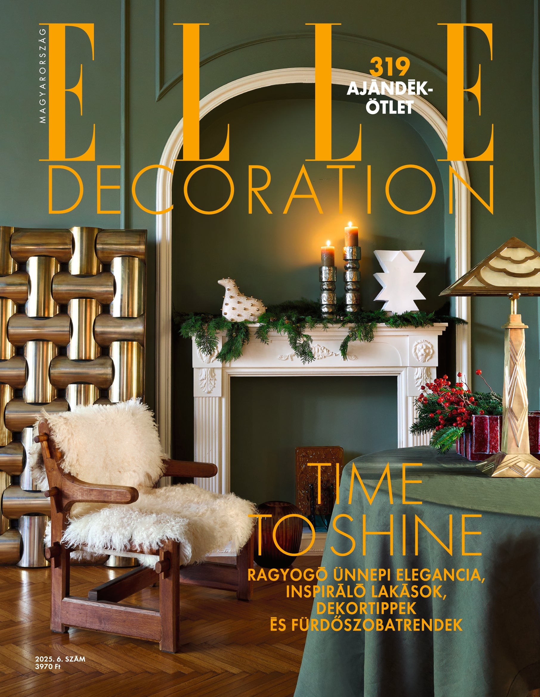 Cover of ELLE Decoration magazine for december 2025 christmas issue featuring a decorated room with furniture and decor elements.