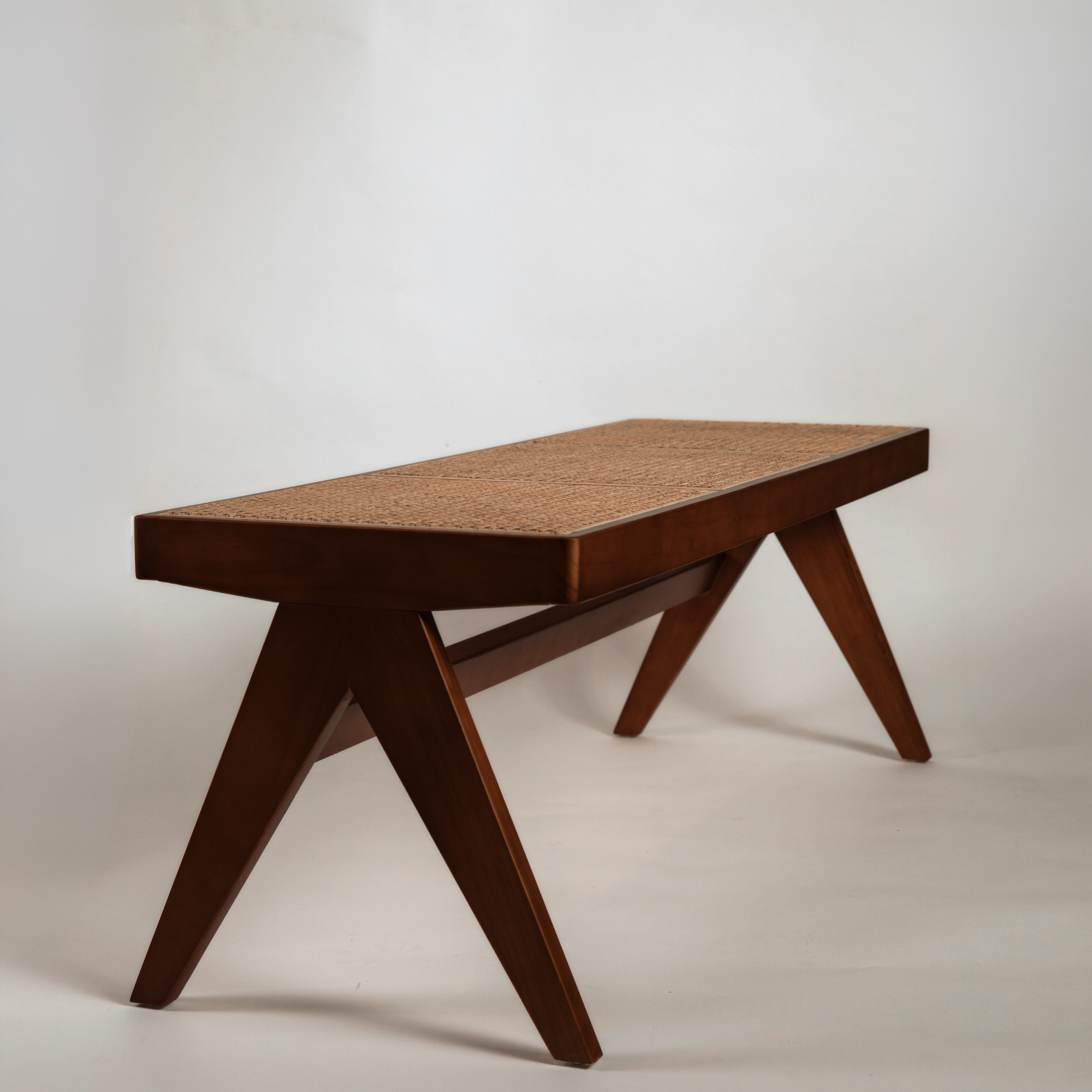 EZRA WOOD AND RATTAN 3-SEATER BENCH