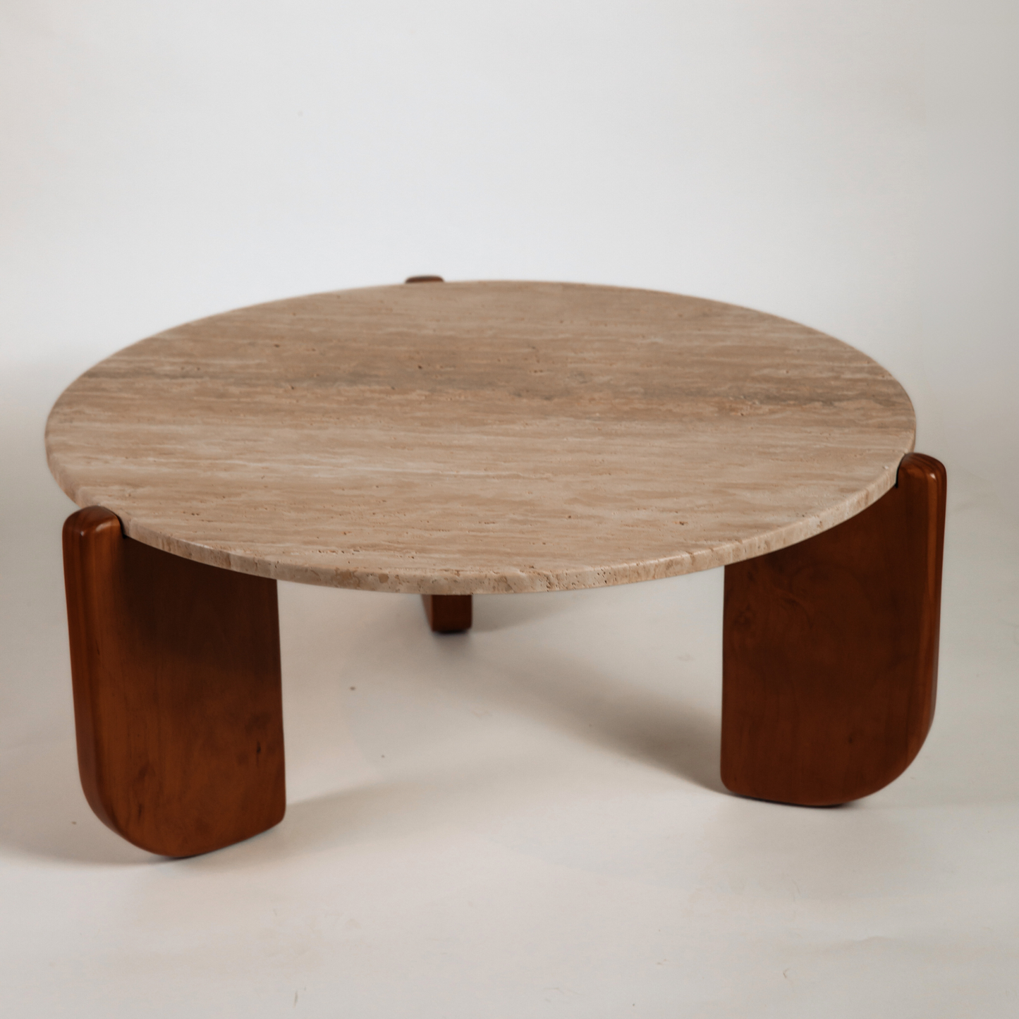 Round Travertine and Wood Coffee Table