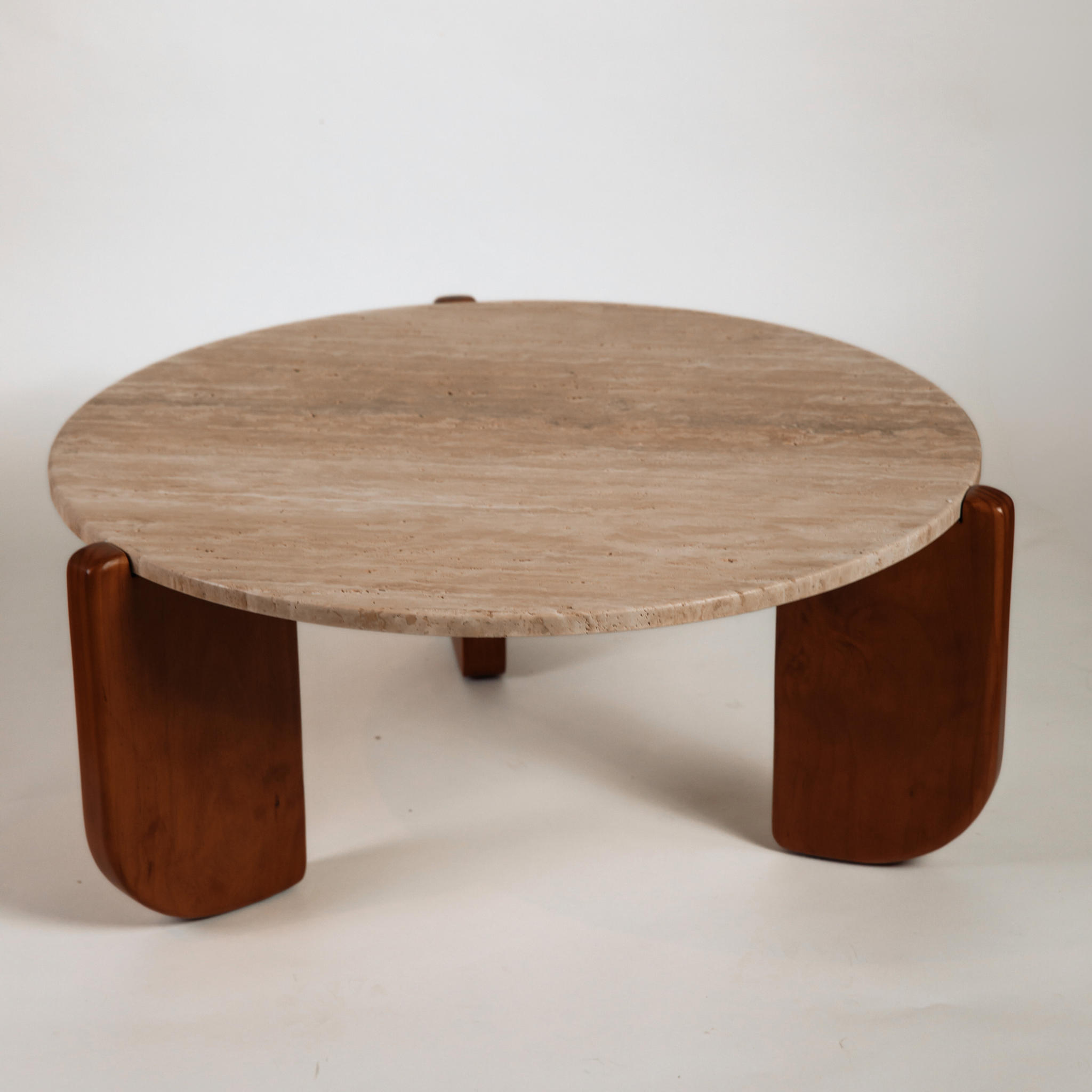 ROUND TRAVERTINE AND WOOD COFFEE TABLE