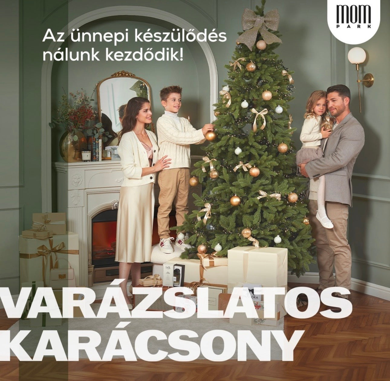 Nuclear Family decorating a Christmas tree in a cozy living room with festive decorations.